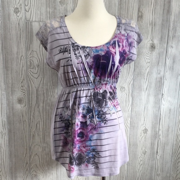 DECREE Gray Lace Floral Top Size Medium - Picture 1 of 7